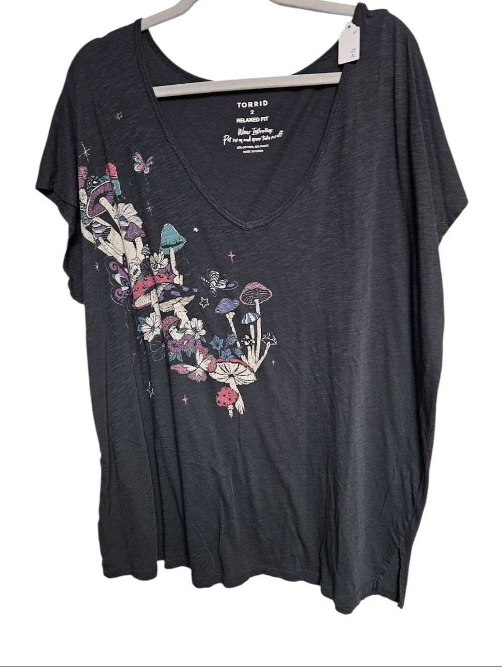 torrid Black V-Neck Tee with Pastel Mushroom & Floral Print
